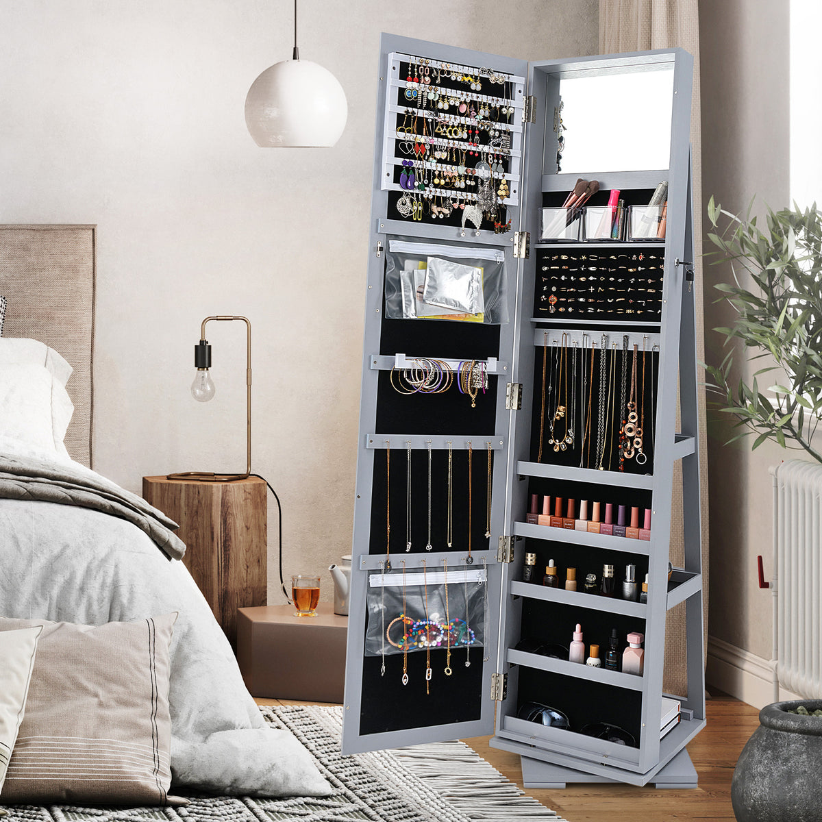 360° Rotatable Jewelry Cabinet with Mirror - 3 Storage Shelves, Gray
