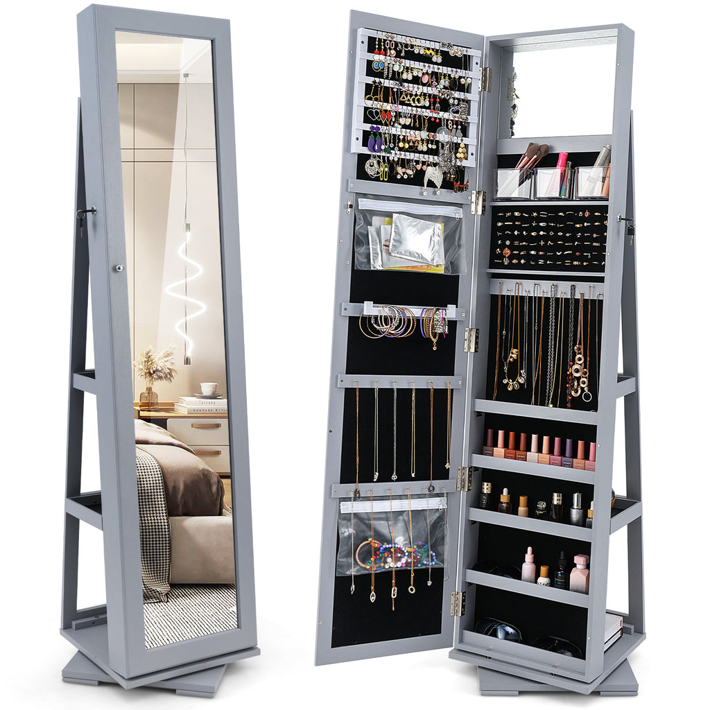 360° Rotatable Jewelry Cabinet with Mirror - 3 Storage Shelves, Gray