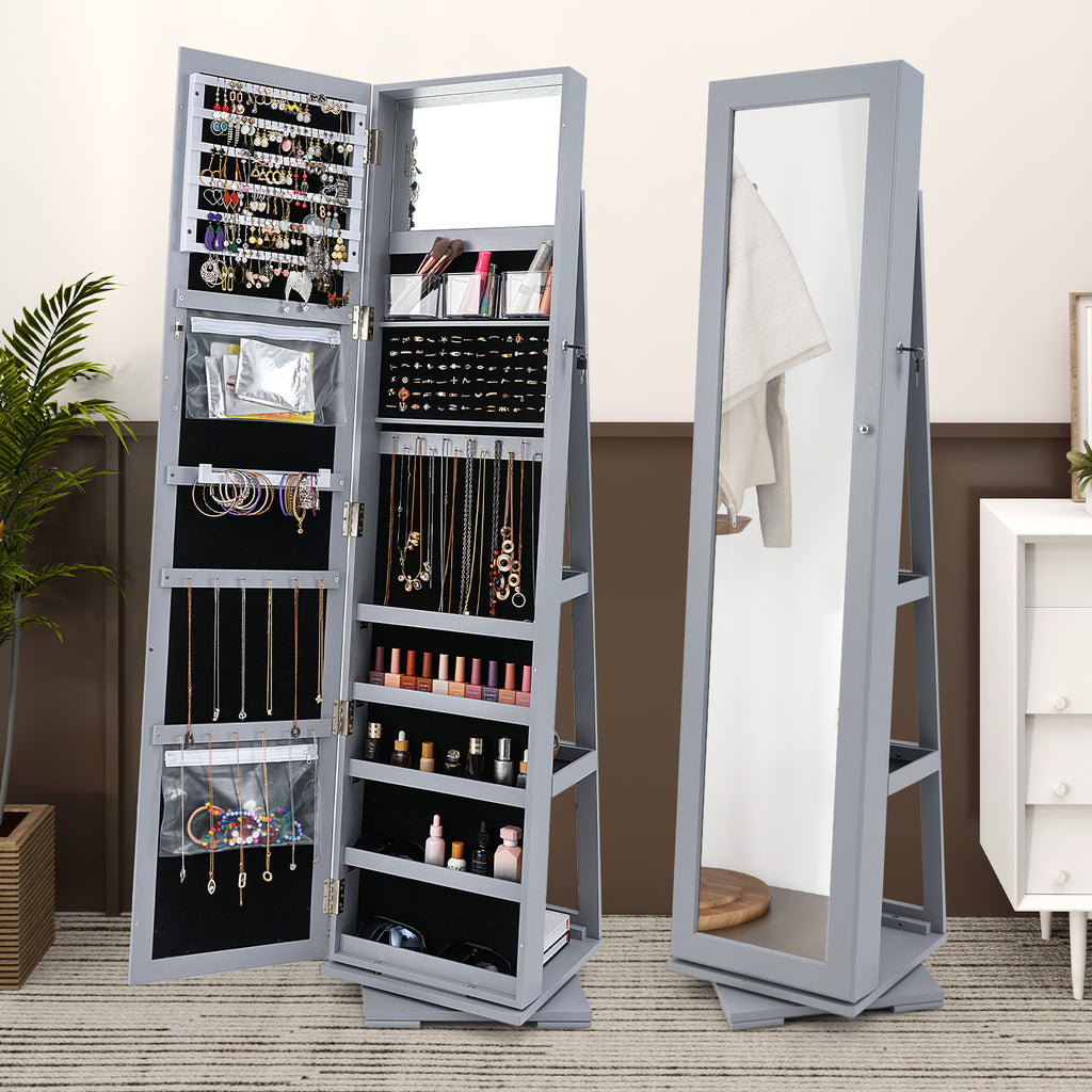 360° Rotatable Jewelry Cabinet with Mirror - 3 Storage Shelves, Gray