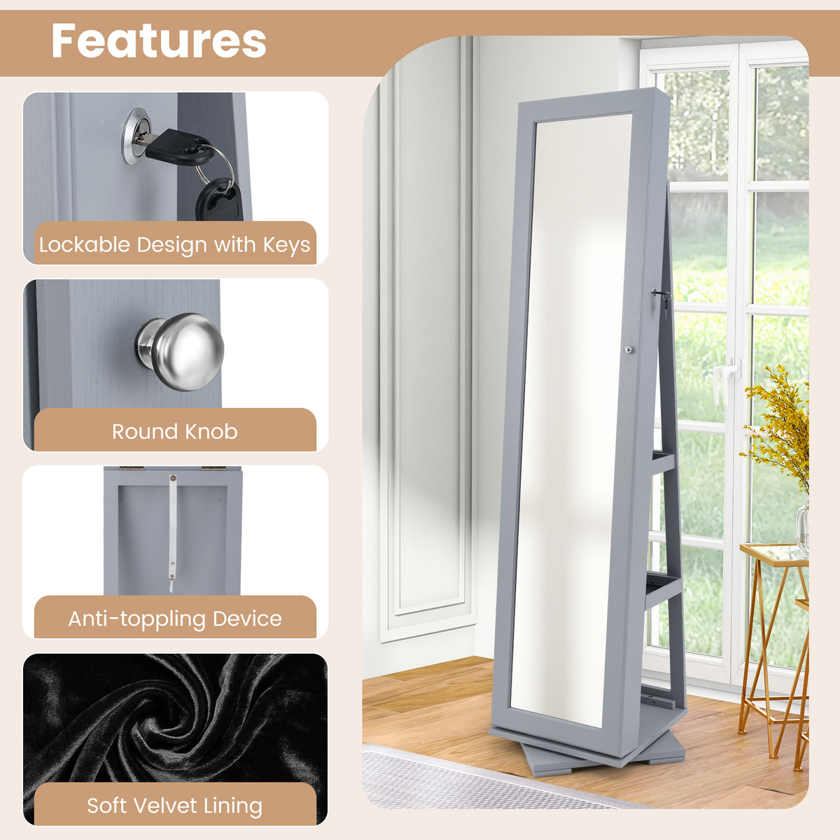 360° Rotatable Jewelry Cabinet with Mirror - 3 Storage Shelves, Gray
