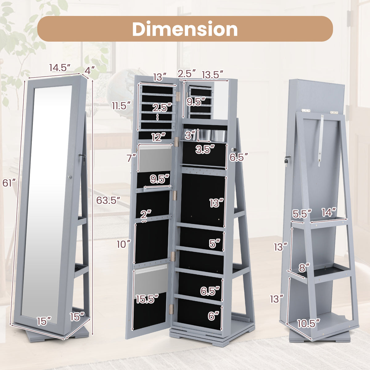 360° Rotatable Jewelry Cabinet with Mirror - 3 Storage Shelves, Gray