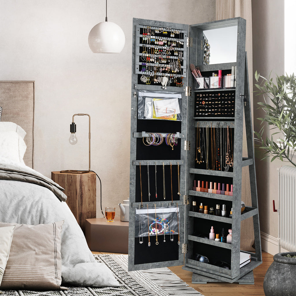 360° Rotatable Jewelry Cabinet with Mirror - Green, 3 Shelves