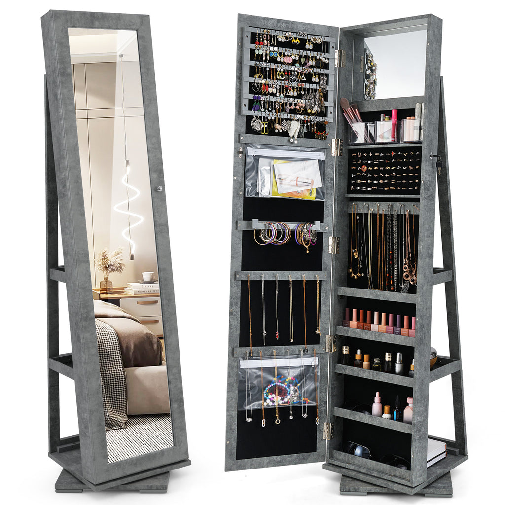 360° Rotatable Jewelry Cabinet with Mirror - Green, 3 Shelves