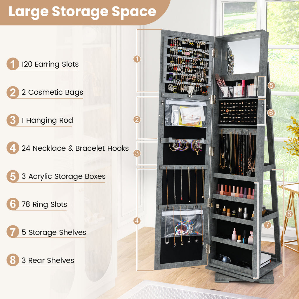 360° Rotatable Jewelry Cabinet with Mirror - Green, 3 Shelves