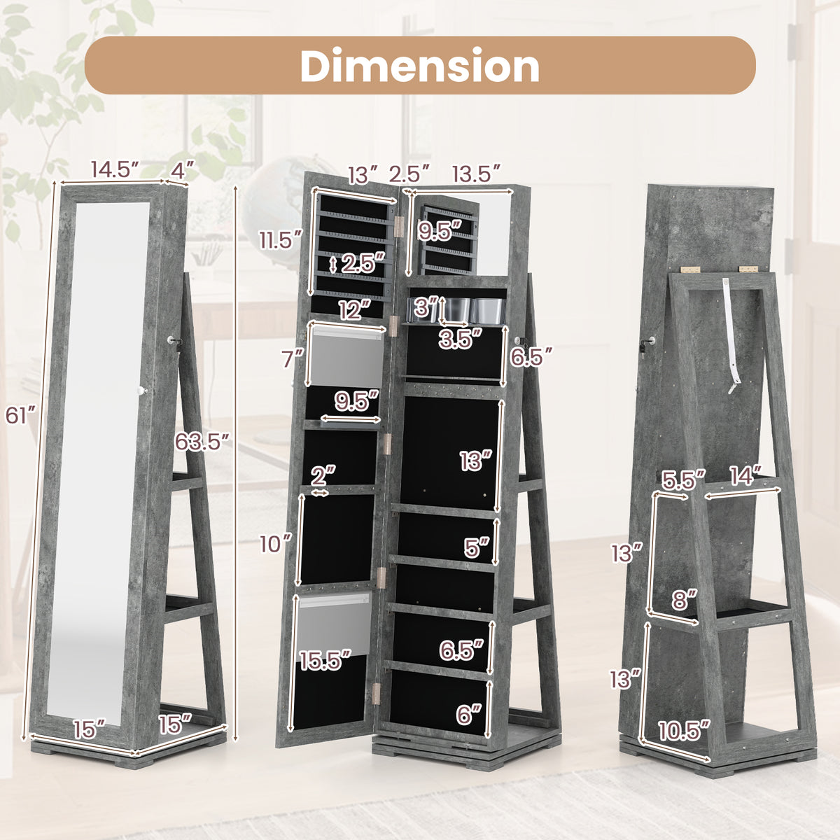 360° Rotatable Jewelry Cabinet with Mirror - Green, 3 Shelves