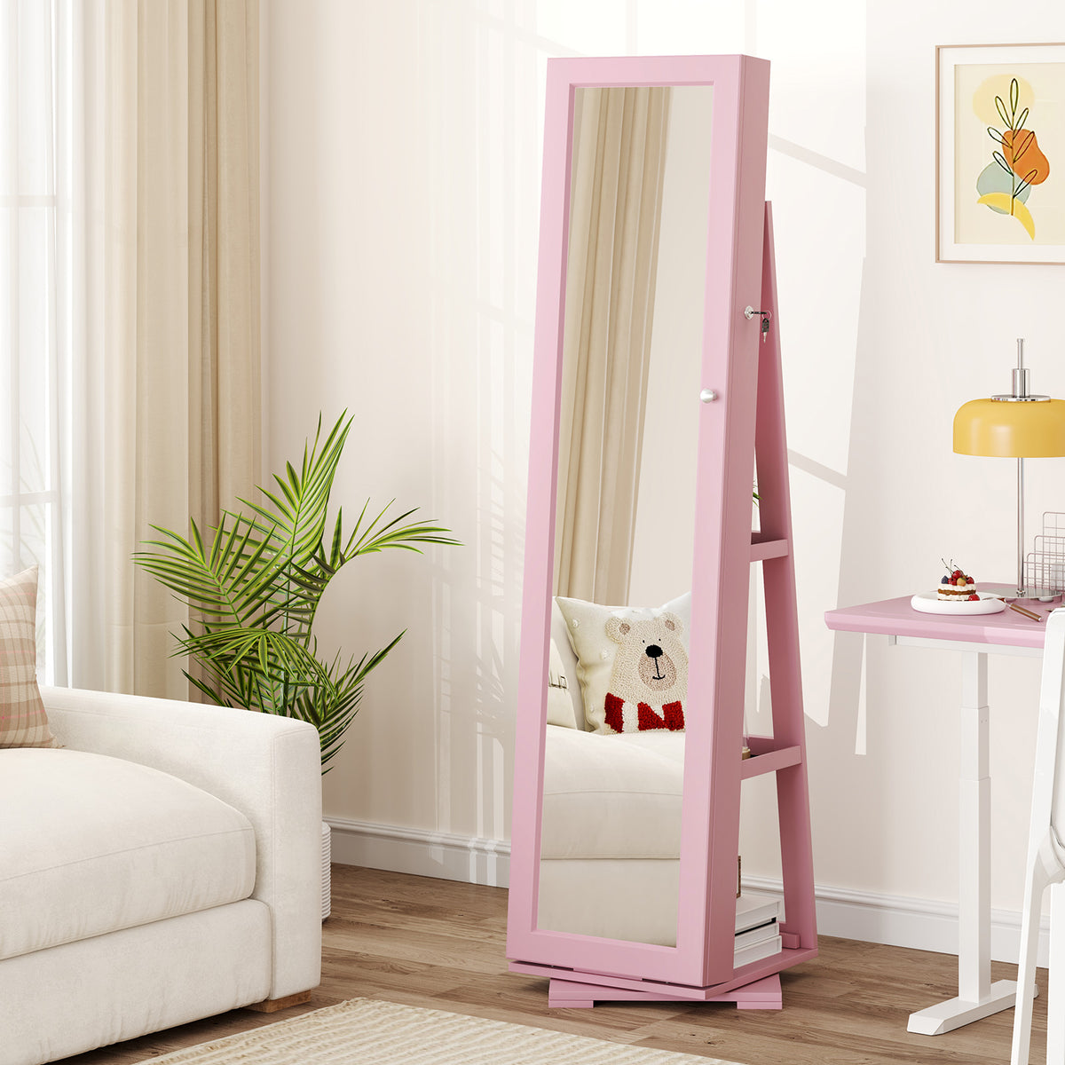 360° Rotating Jewelry Cabinet with Mirror - 3 Shelves, Pink