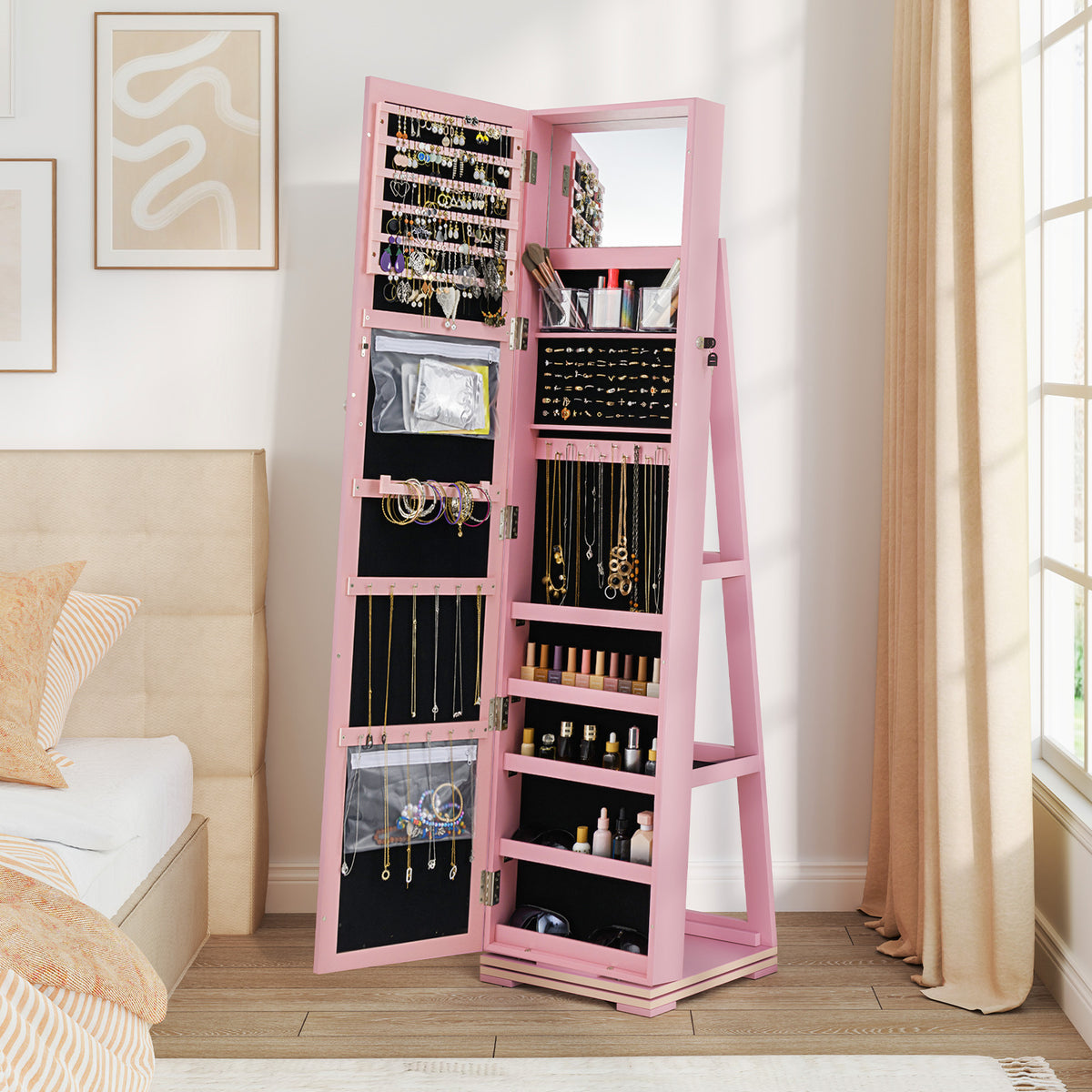 360° Rotating Jewelry Cabinet with Mirror - 3 Shelves, Pink