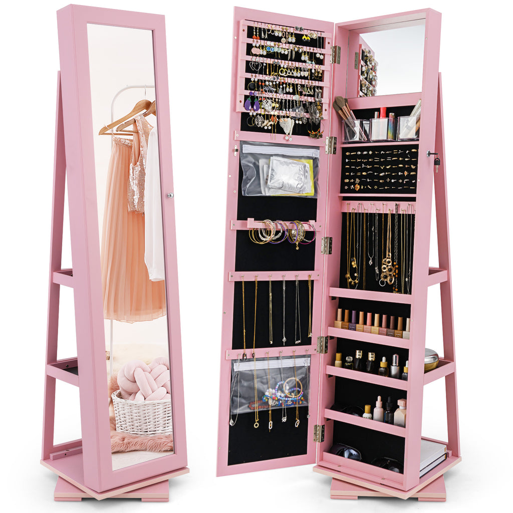 360° Rotating Jewelry Cabinet with Mirror - 3 Shelves, Pink