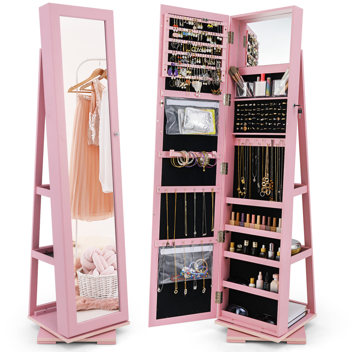 360° Rotating Jewelry Cabinet with Mirror - 3 Shelves, Pink