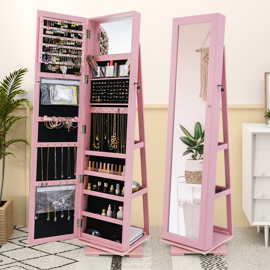 360° Rotating Jewelry Cabinet with Mirror - 3 Shelves, Pink