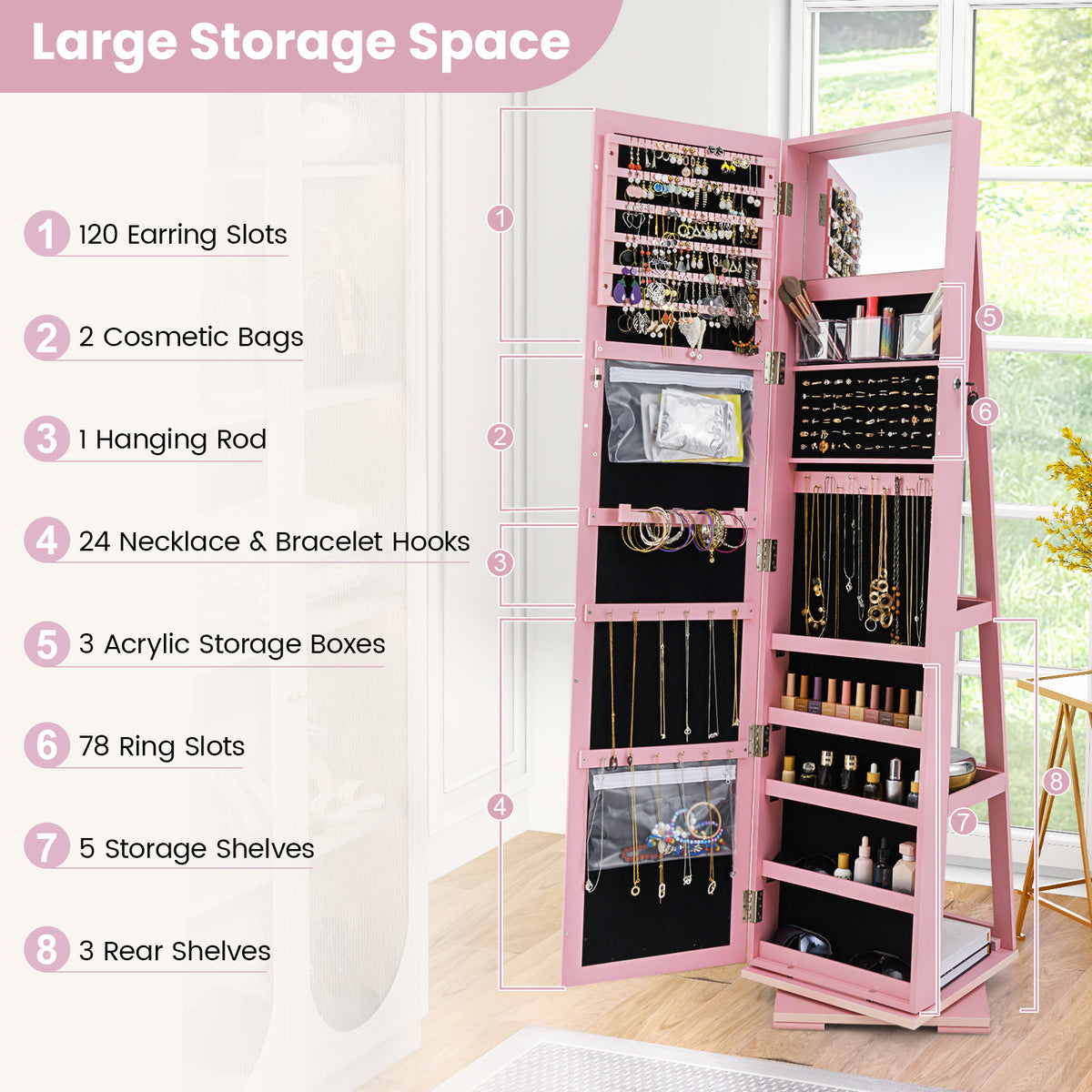 360° Rotating Jewelry Cabinet with Mirror - 3 Shelves, Pink