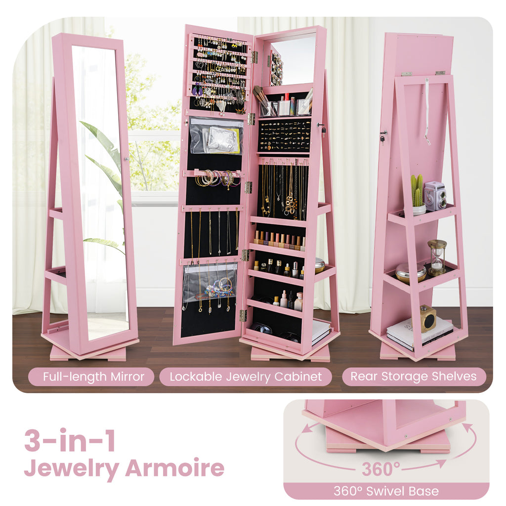 360° Rotating Jewelry Cabinet with Mirror - 3 Shelves, Pink