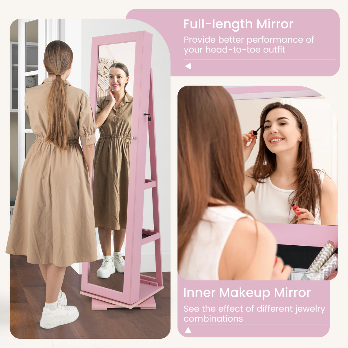 360° Rotating Jewelry Cabinet with Mirror - 3 Shelves, Pink