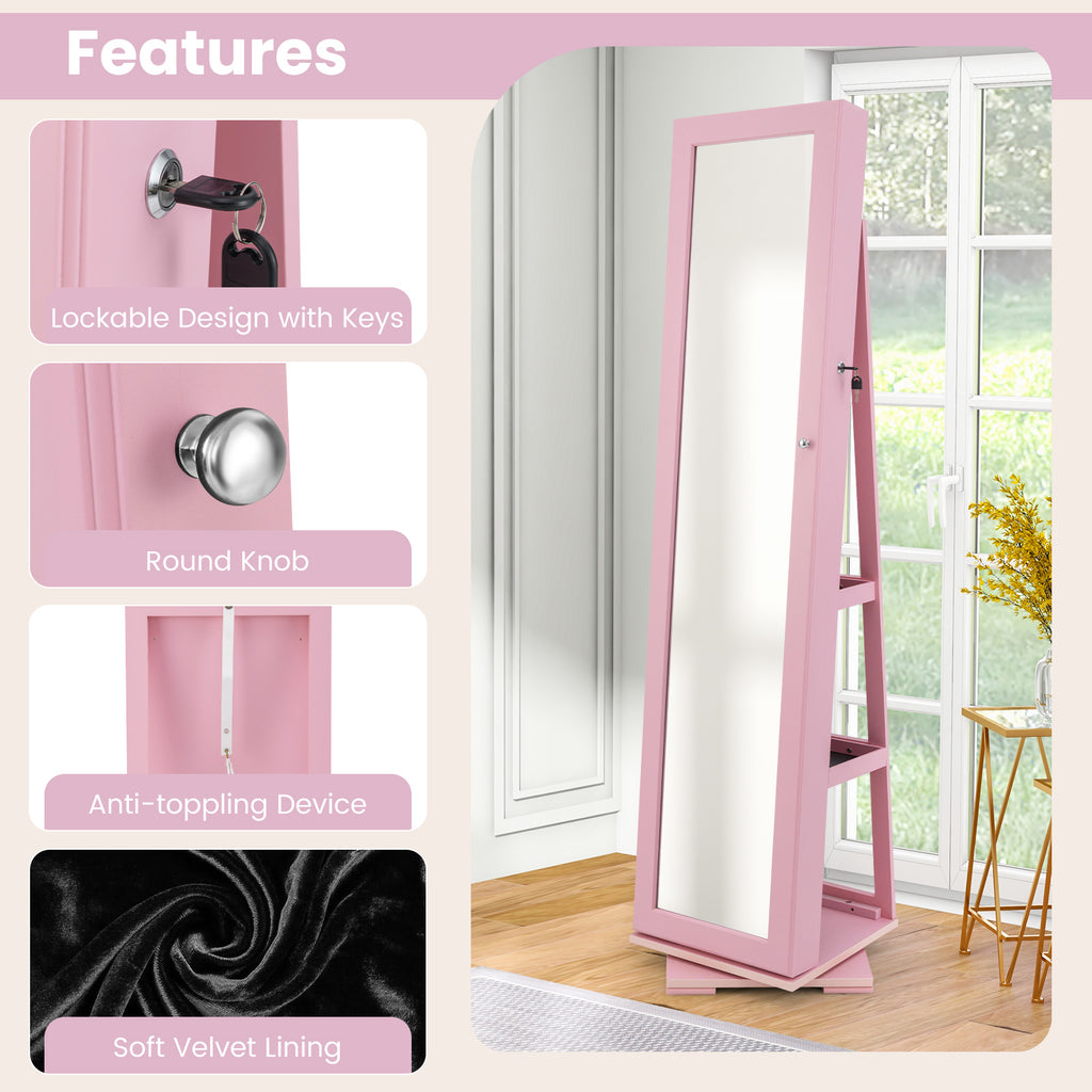 360° Rotating Jewelry Cabinet with Mirror - 3 Shelves, Pink