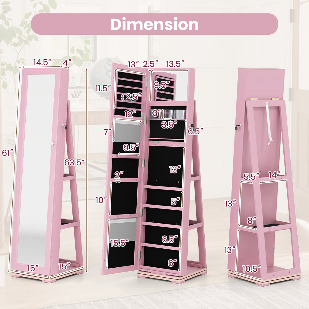 360° Rotating Jewelry Cabinet with Mirror - 3 Shelves, Pink