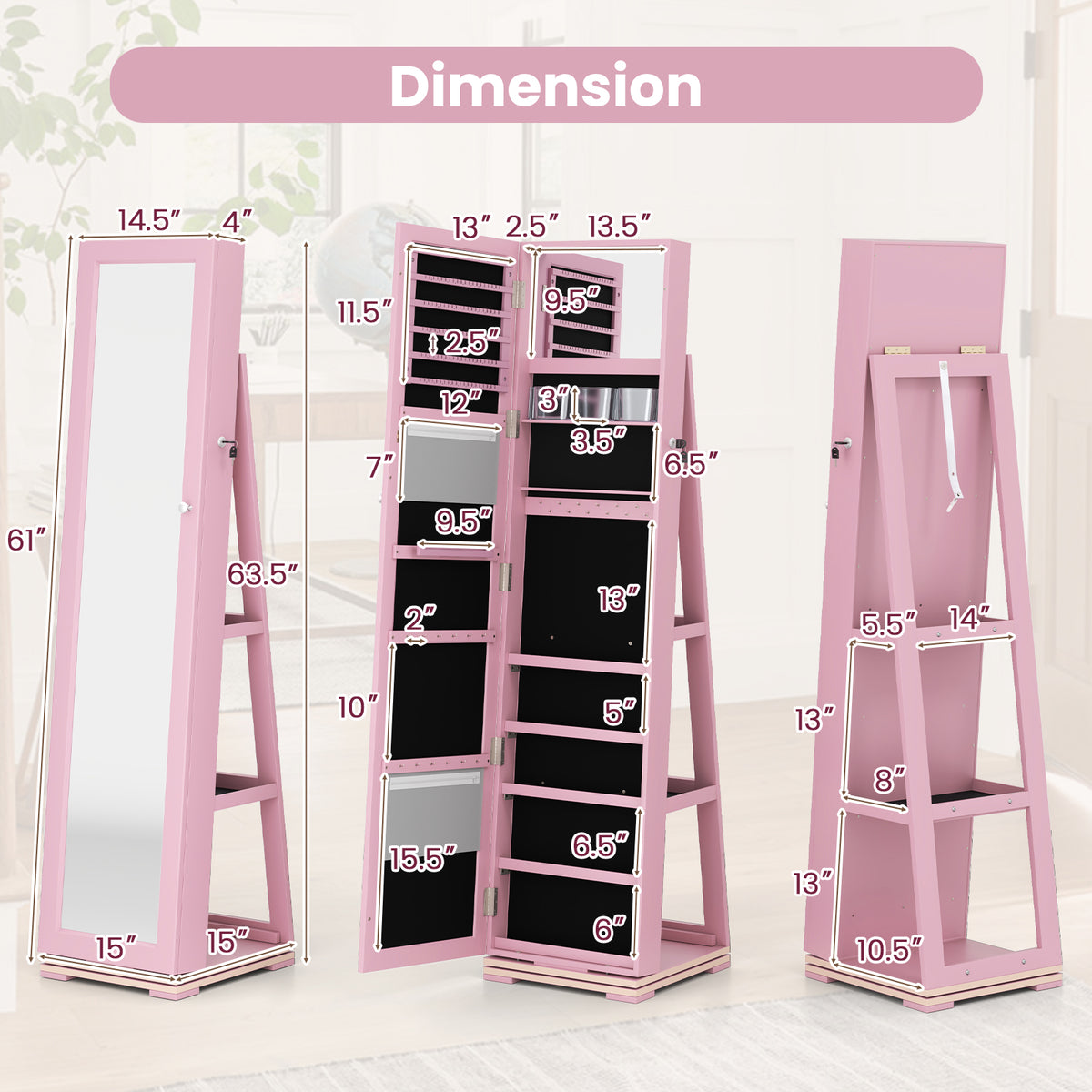 360° Rotating Jewelry Cabinet with Mirror - 3 Shelves, Pink
