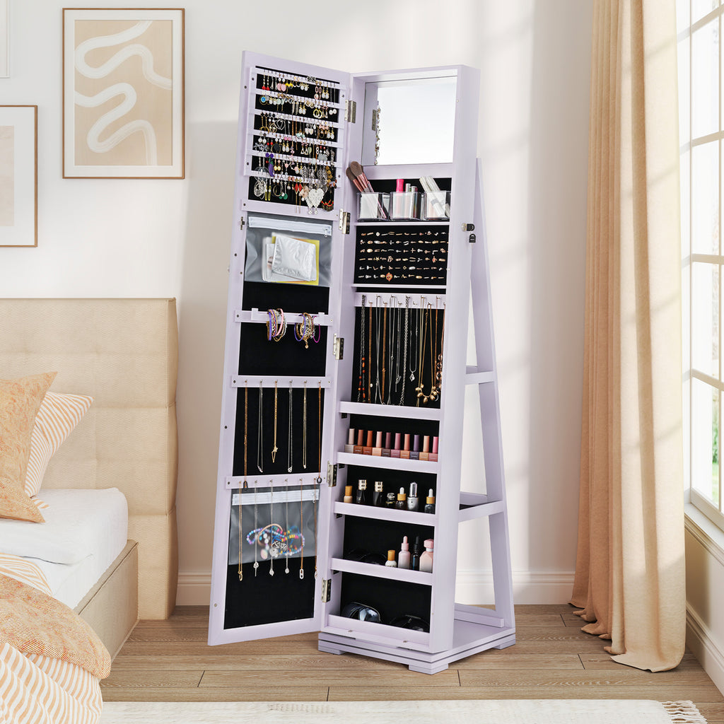 360° Rotating Jewelry Cabinet with Mirror - Purple, 3 Shelves