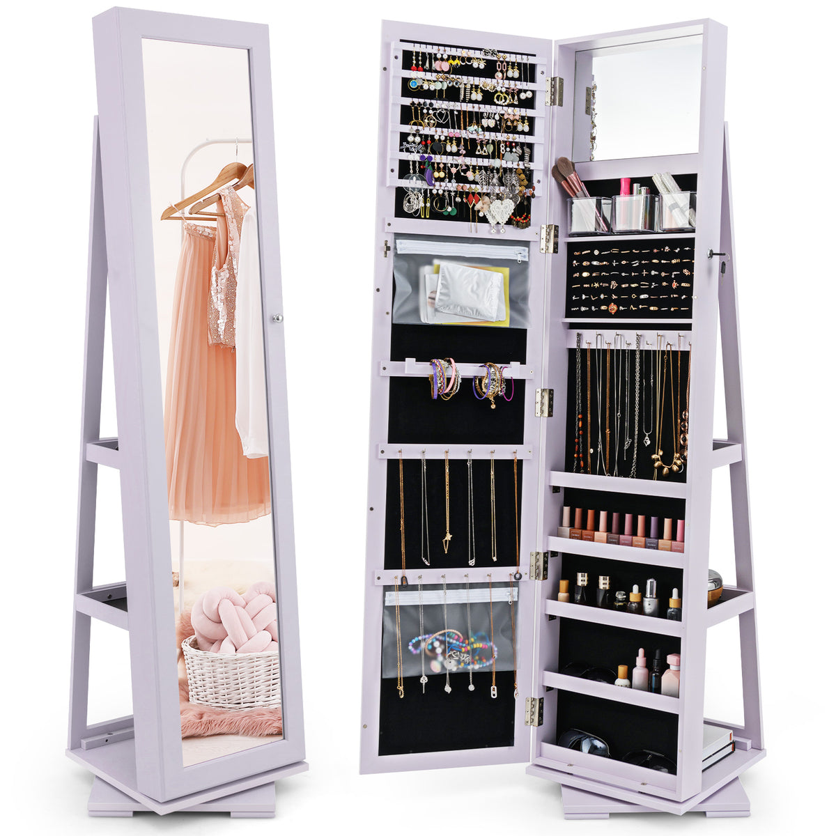 360° Rotating Jewelry Cabinet with Mirror - Purple, 3 Shelves