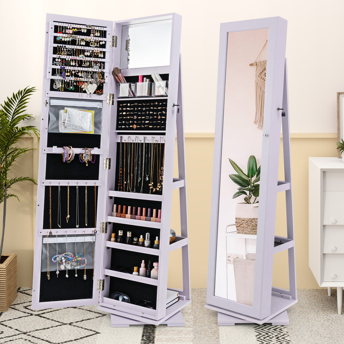 360° Rotating Jewelry Cabinet with Mirror - Purple, 3 Shelves