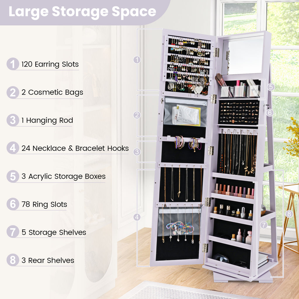 360° Rotating Jewelry Cabinet with Mirror - Purple, 3 Shelves