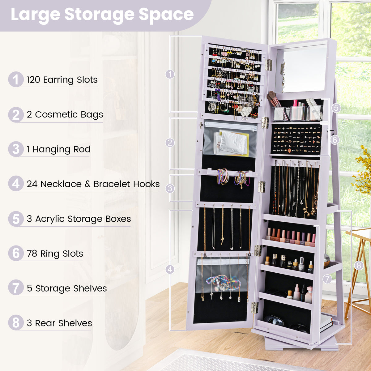 360° Rotating Jewelry Cabinet with Mirror - Purple, 3 Shelves