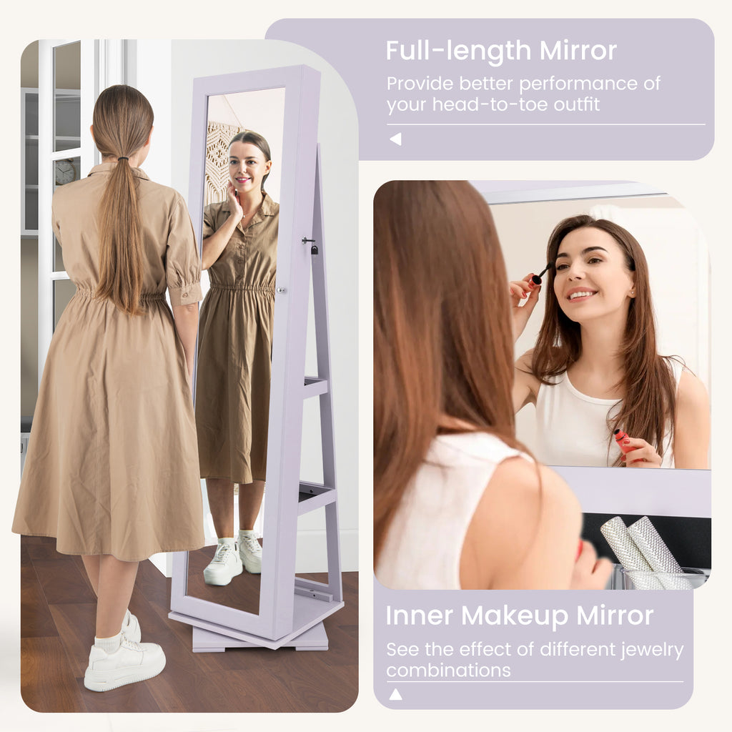 360° Rotating Jewelry Cabinet with Mirror - Purple, 3 Shelves