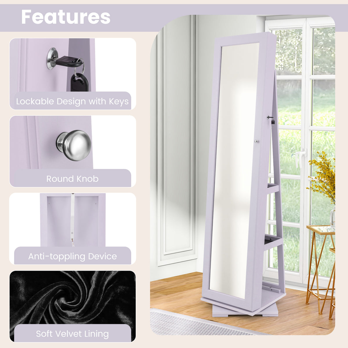 360° Rotating Jewelry Cabinet with Mirror - Purple, 3 Shelves