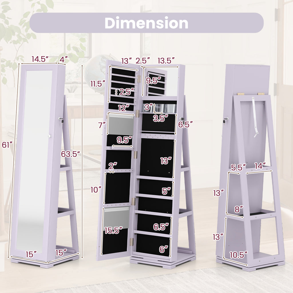 360° Rotating Jewelry Cabinet with Mirror - Purple, 3 Shelves