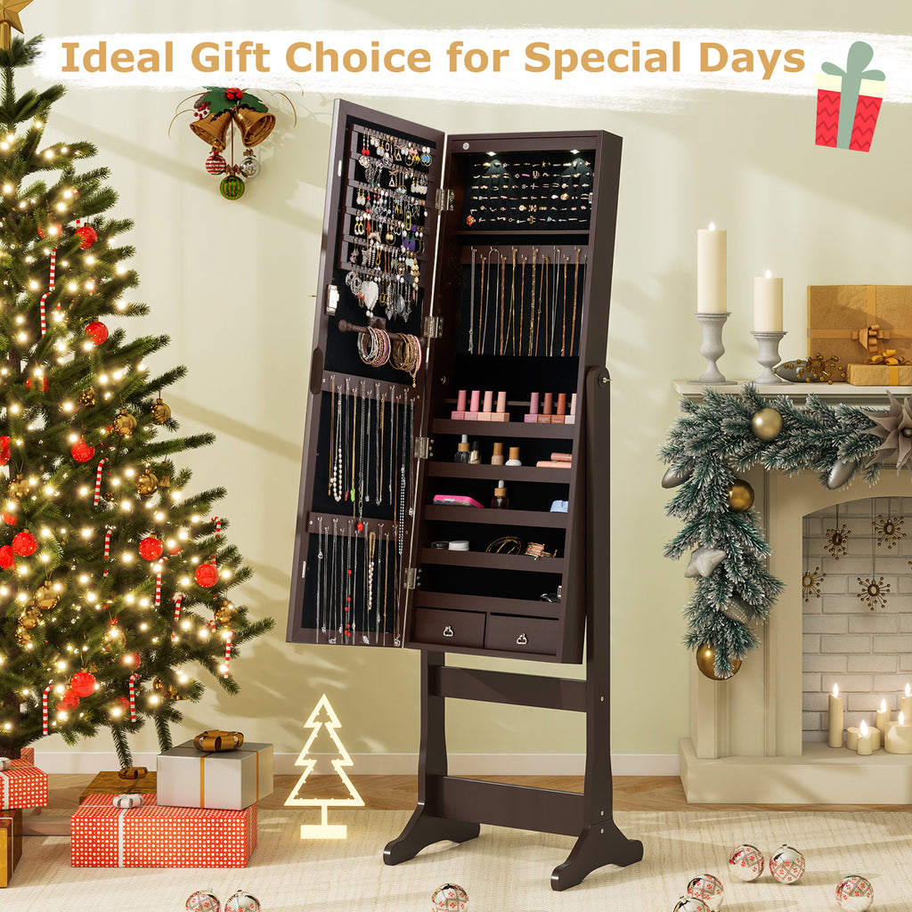 Lockable Mirrored Jewelry Cabinet with LED Lights - Brown