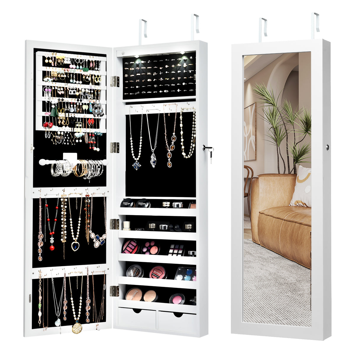 Lockable Wall Mount Mirrored Jewelry Cabinet with LED Lights - White
