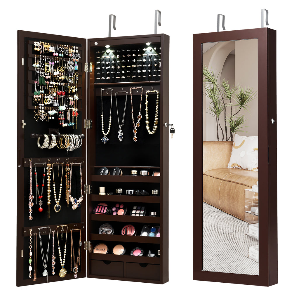 Lockable Wall Mount Mirrored Jewelry Cabinet with LED Lights - White