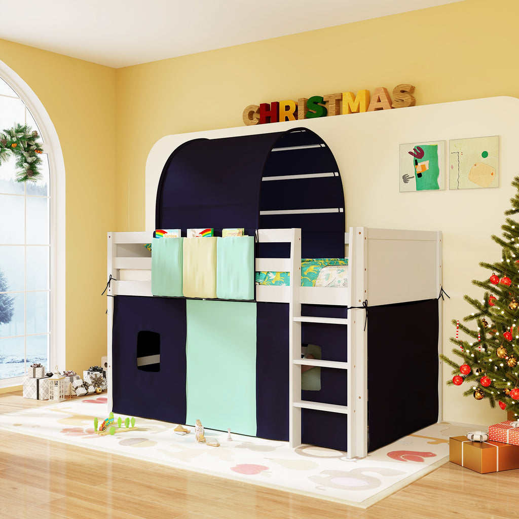 Navy Twin Size Loft Playhouse Bed Frame with Tower Tent & Storage Pockets