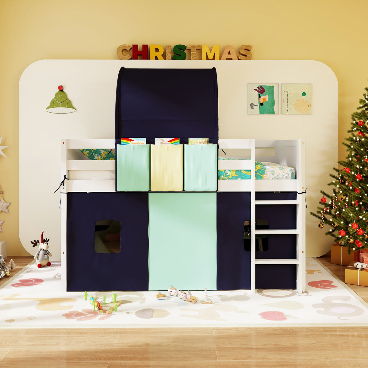 Navy Twin Size Loft Playhouse Bed Frame with Tower Tent & Storage Pockets