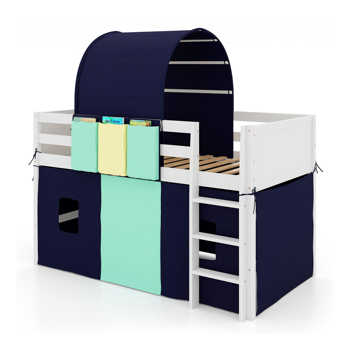 Navy Twin Size Loft Playhouse Bed Frame with Tower Tent & Storage Pockets