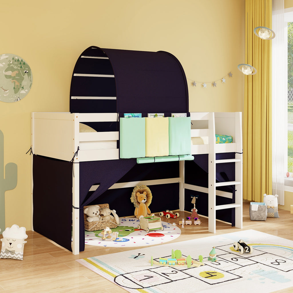 Navy Twin Size Loft Playhouse Bed Frame with Tower Tent & Storage Pockets