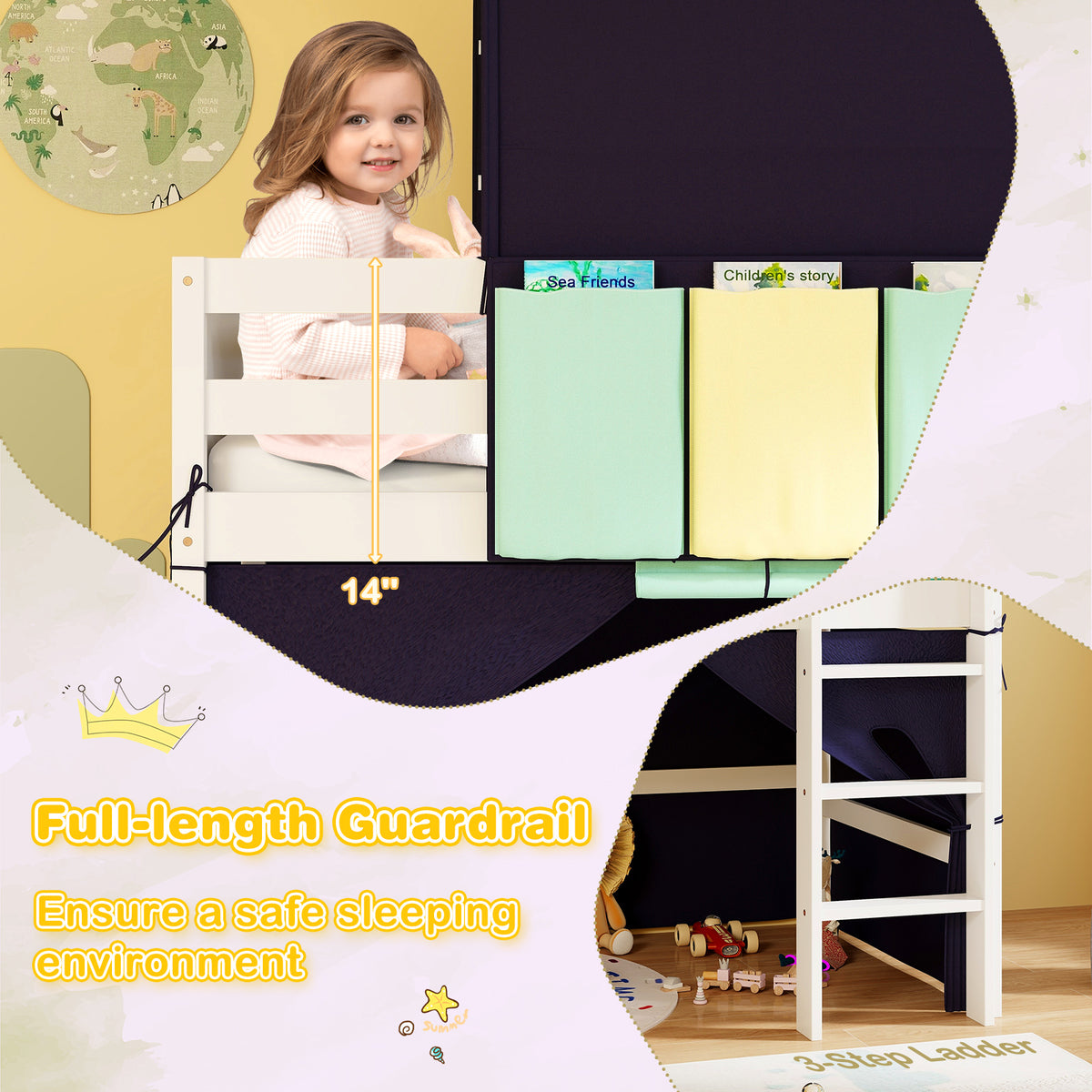 Navy Twin Size Loft Playhouse Bed Frame with Tower Tent & Storage Pockets