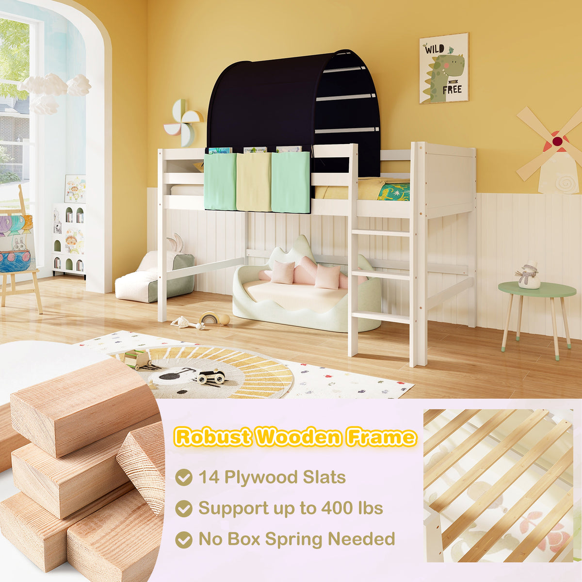 Navy Twin Size Loft Playhouse Bed Frame with Tower Tent & Storage Pockets