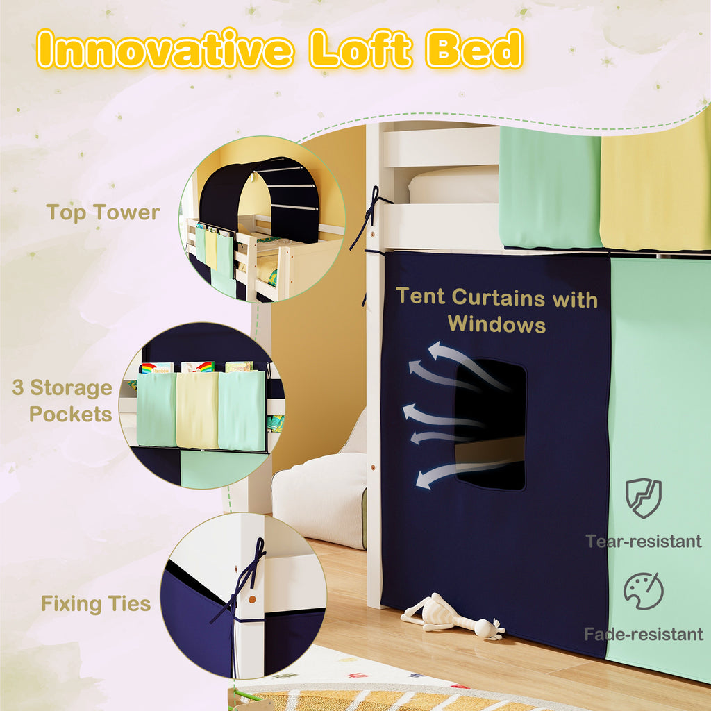 Navy Twin Size Loft Playhouse Bed Frame with Tower Tent & Storage Pockets