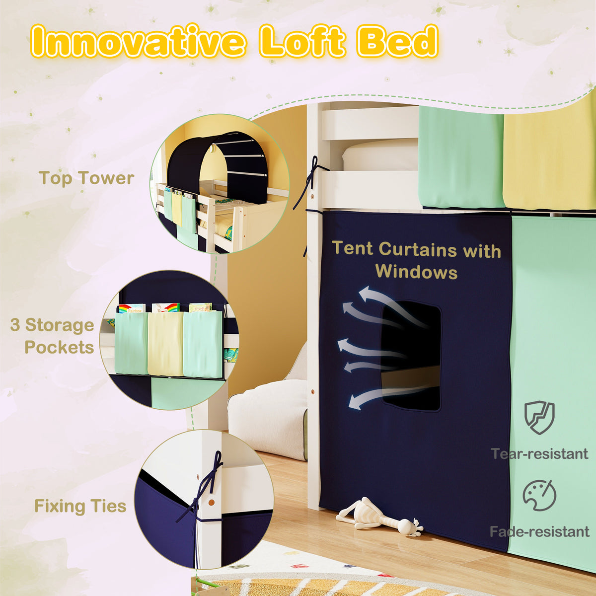 Navy Twin Size Loft Playhouse Bed Frame with Tower Tent & Storage Pockets