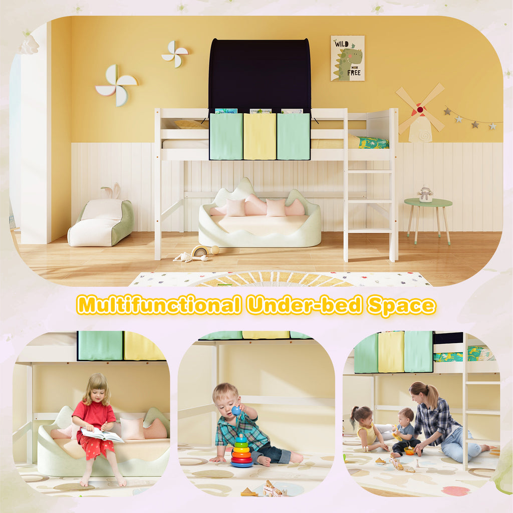 Navy Twin Size Loft Playhouse Bed Frame with Tower Tent & Storage Pockets