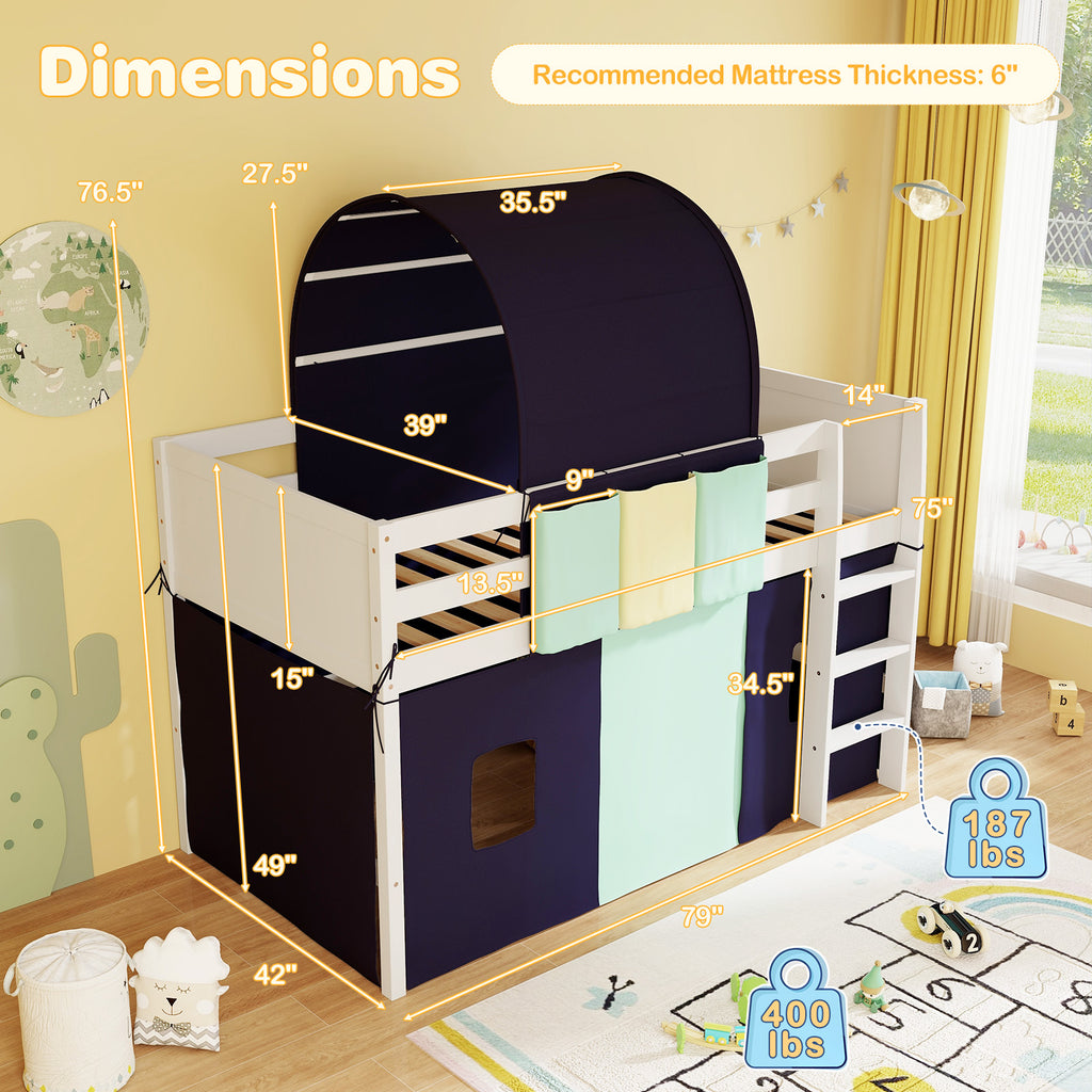 Navy Twin Size Loft Playhouse Bed Frame with Tower Tent & Storage Pockets