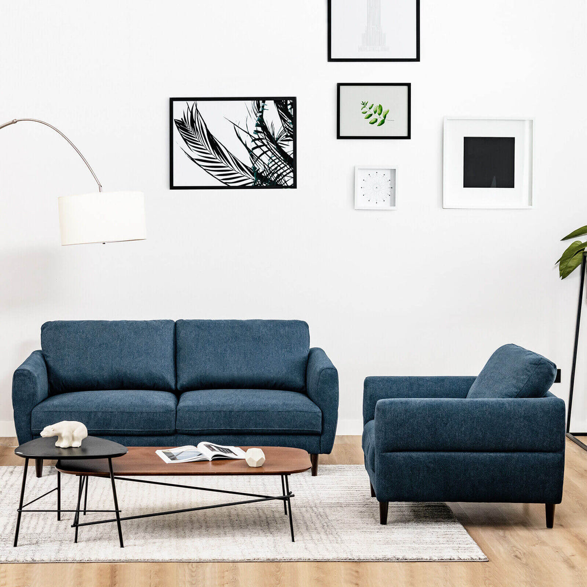 Modern Upholstered Sofa Set with Removable Cushion Covers - Navy