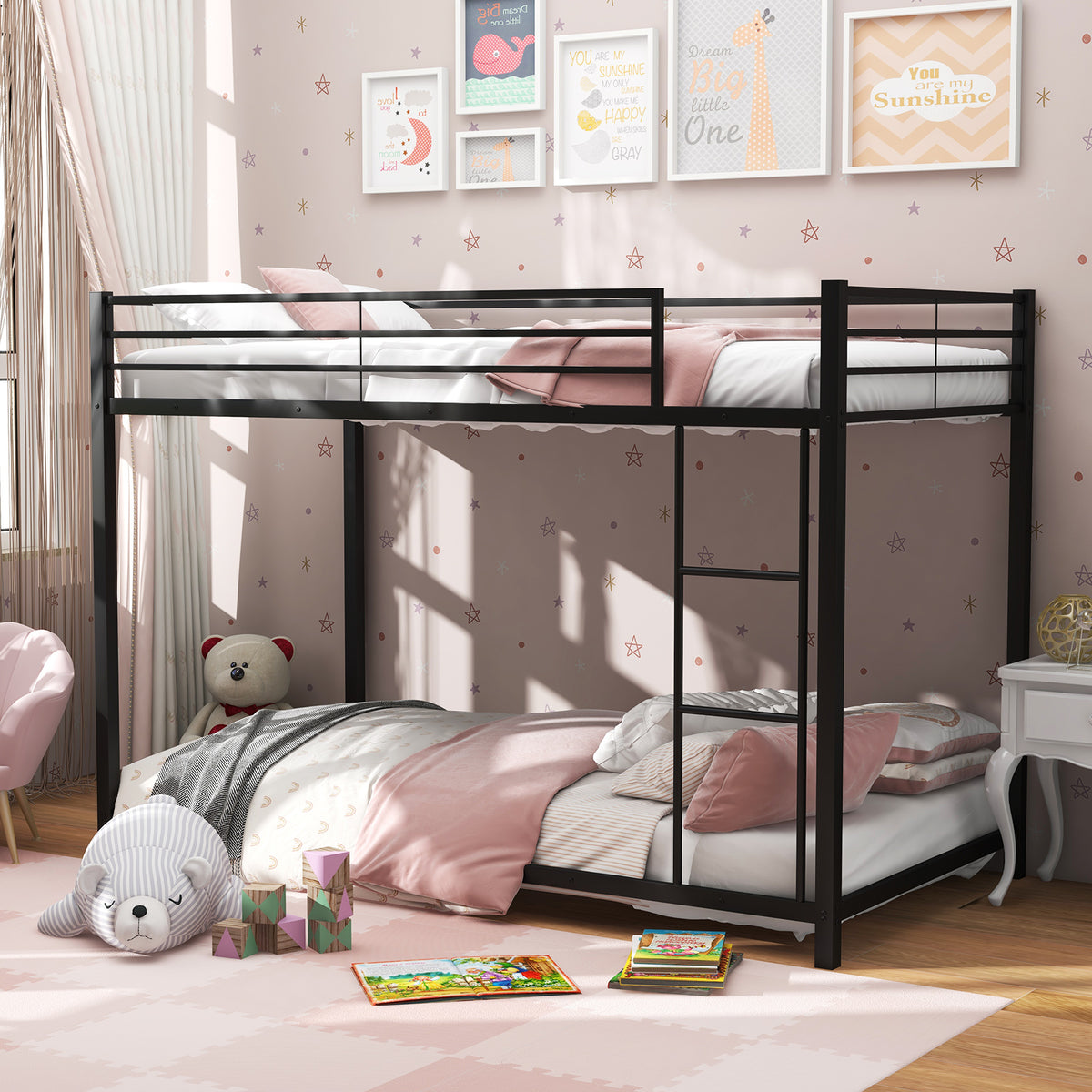 Twin Over Twin Metal Bunk Bed with Guardrails - Black