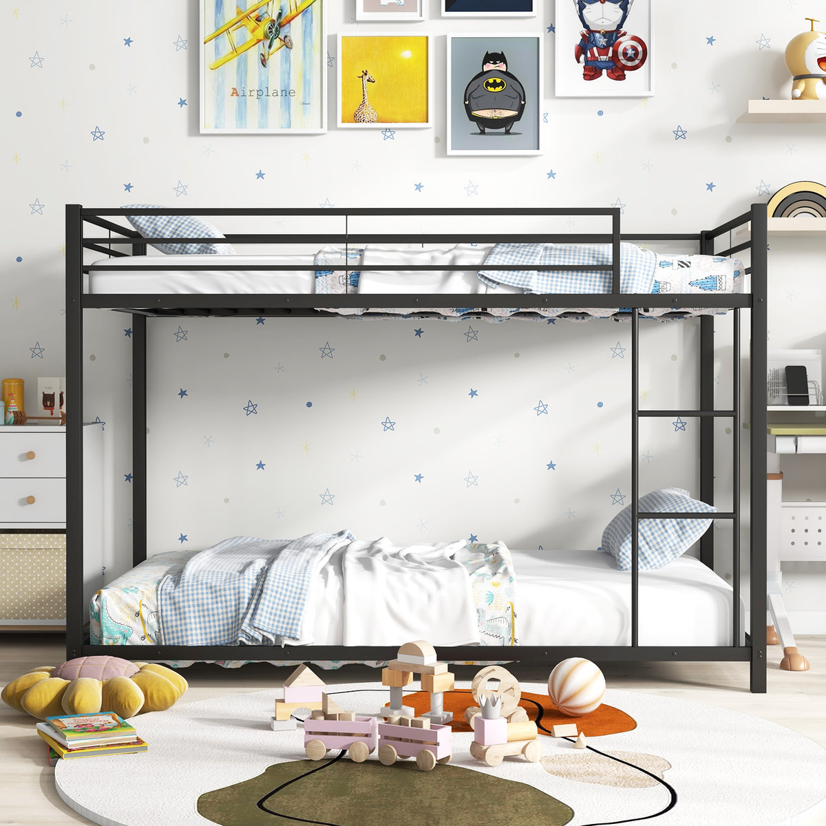 Twin Over Twin Metal Bunk Bed with Guardrails - Black