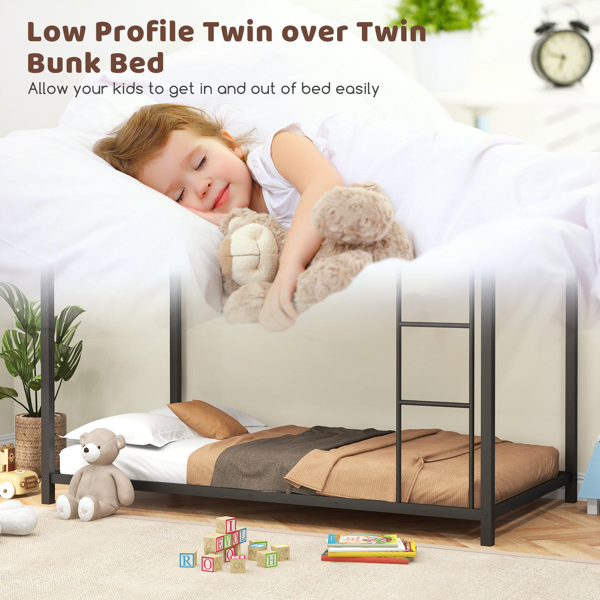 Twin Over Twin Metal Bunk Bed with Guardrails - Black
