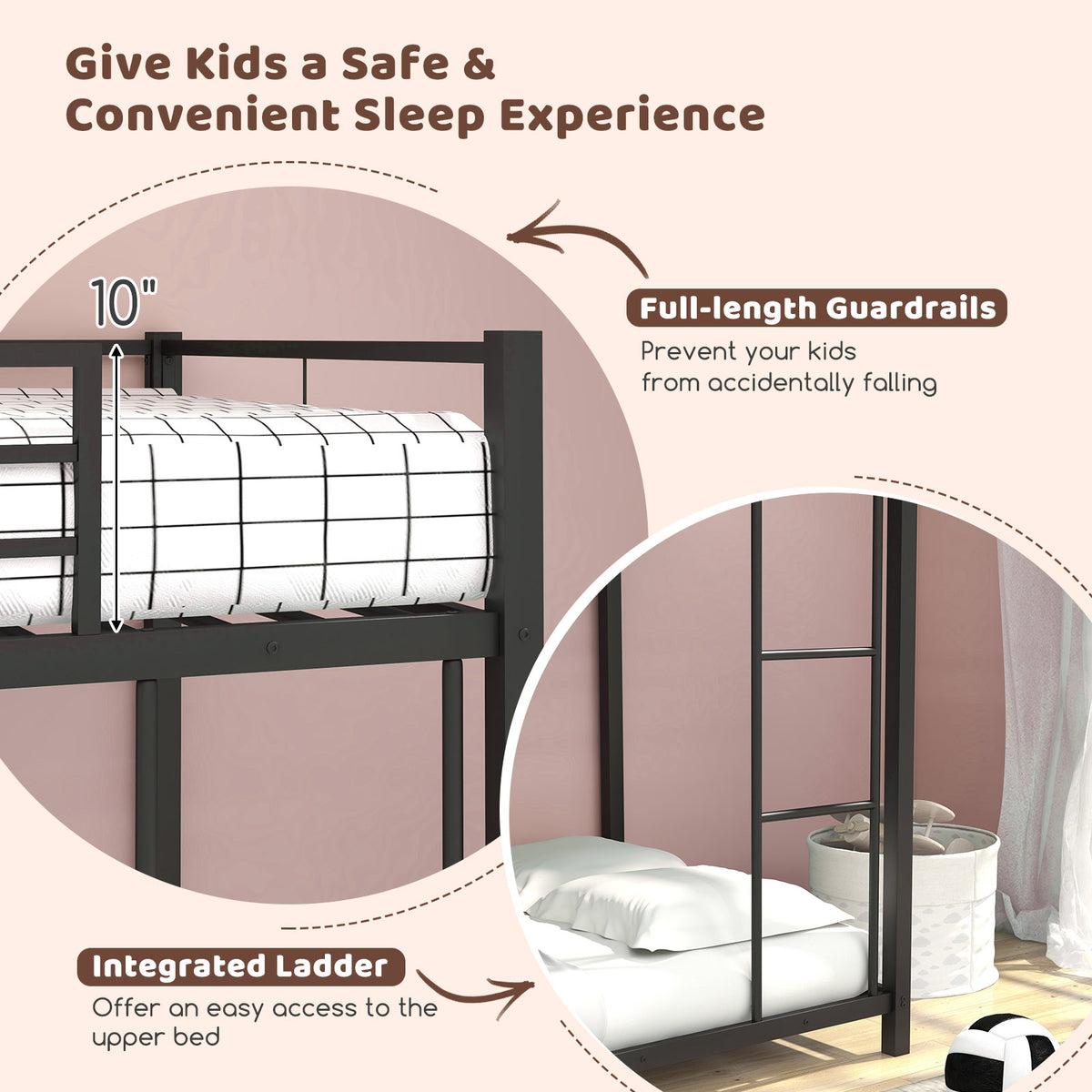 Twin Over Twin Metal Bunk Bed with Guardrails - Black