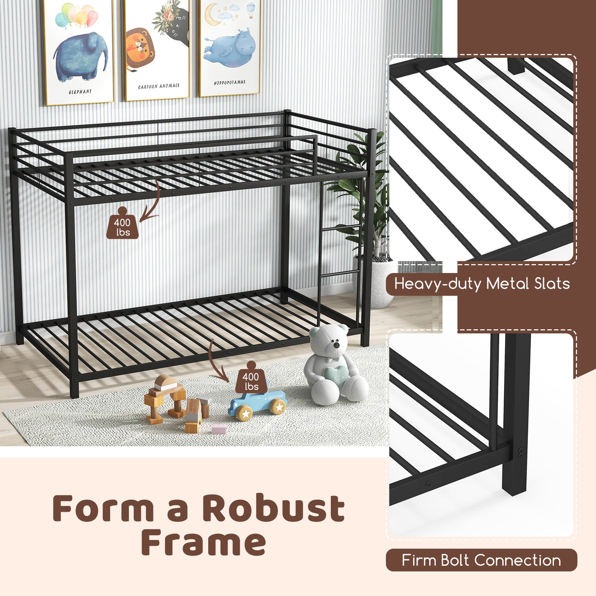 Twin Over Twin Metal Bunk Bed with Guardrails - Black