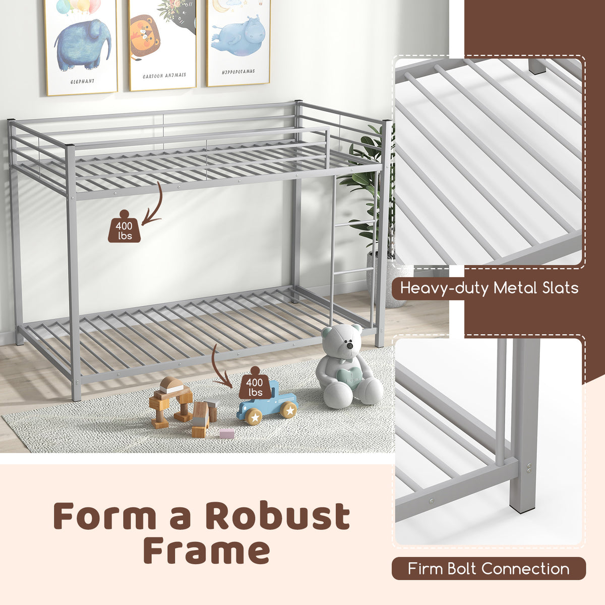 Low Profile Twin Over Twin Metal Bunk Bed with Full-length Guardrails – Silver