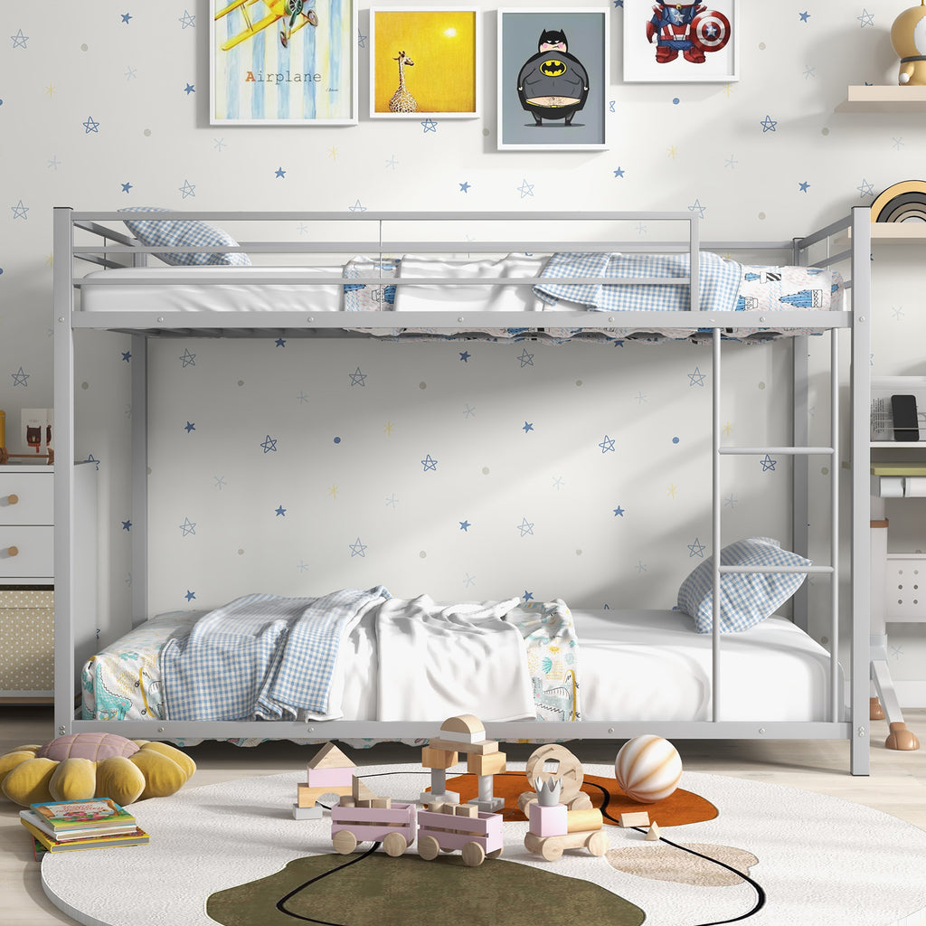 Low Profile Twin Over Twin Metal Bunk Bed with Full-length Guardrails – Silver