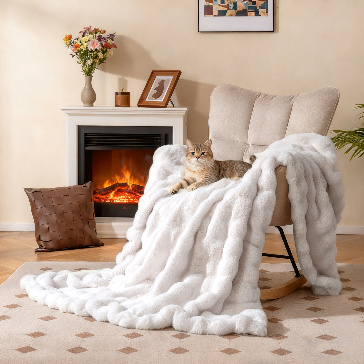 Fuzzy Plush Faux Rabbit Fur Throw Blanket, White